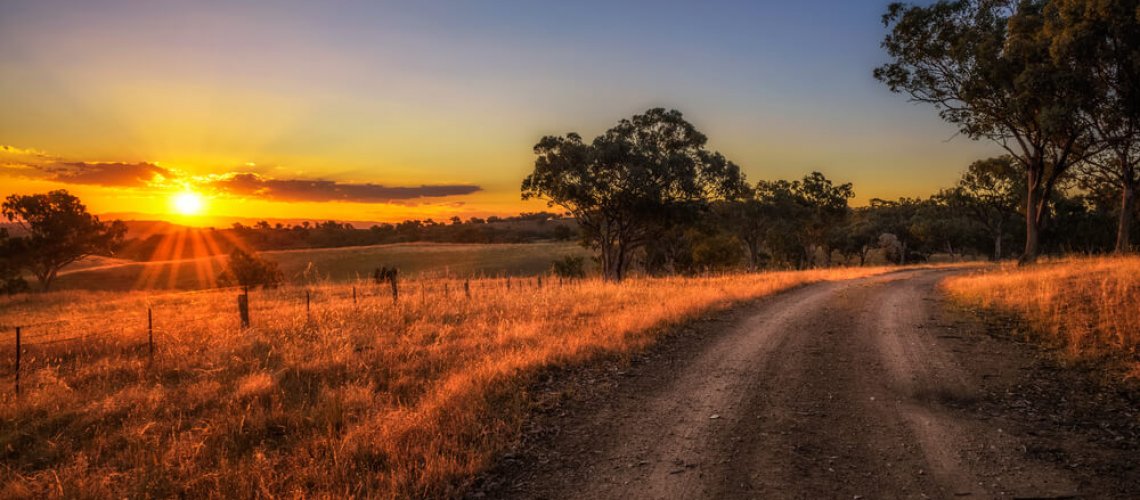 Scenic,Countryside,Landscape,With,Rural,Dirt,Road,At,Sunset,In